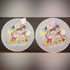 2 Disney Mickey Mouse & Minnie Round Blue Quilted Easter Placemat Reversible NEW
